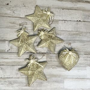 Victorian Theme Cream & Gold Christmas Ornaments Lot Of 5 Textured Shimmering